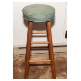Wooden Barstool with Green Faux Leather Seat