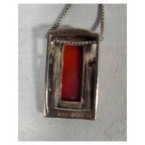 925 Art Deco Carnelian Pendant & Long Chain