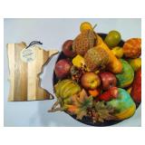 Rock & Branch Minnesota Shaped Cutting Board *New w/Tag* & Large Bowl of Asst Fruits
