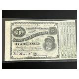 1880s $5 State of Louisiana Single Bond with Green Serial Number (Crisp Unused)