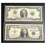 1957 $1 Silver Certificate Star Note (Very Fine) & 1976 $2 Federal Reserve Note (1st DAY ISSUE STAMP)