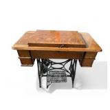 Antique Cast Iron New Home Sewing Machine (Orange, Massachusetts USA) in Original Cabinet