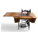 Antique Cast Iron New Home Sewing Machine (Orange, Massachusetts USA) in Original Cabinet
