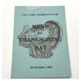 Vintage November 1945 U.S. Navy Thanksgiving Day Menu from the U.S. Aircraft Carrier USS Lake Champlain (CV-39)