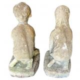 Pair of Vintage 13" Tall Cast Stone Concrete Garden Statues (Boy and Girl)