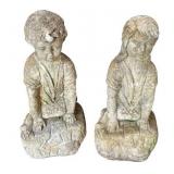 Pair of Vintage 13" Tall Cast Stone Concrete Garden Statues (Boy and Girl)