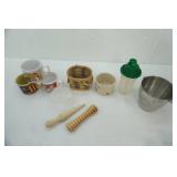 Stainless Bucket, Mixing/Measuring Cup w/pour lid, stoneware bowl, Soup Mugs, wooden tapered dowel, wooden ribbed roller