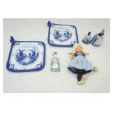 Vintage Delftware Bells, Vintage Dutch Girl Doll, 2 potholders