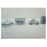 Vintage Blue Onion Lidded Trinket Dish, Planter, Basket, blue & white ceramic/porcelain lidded jar