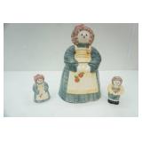Vintage Cookie Jar & Matching Salt & Pepper Shakers. "Sugar" doll 11" tall