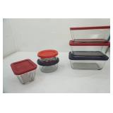 (3ct) Anchor Hocking glass bread pans w/lids, 3 more pyrex/anchor hocking glass food storage containers w/lids