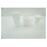 Vintage  Westmoreland Paneled Grape Vine White Milk Glass Vase & Pitcher (approx 6" tall); Indiana milk glass vase 7.5" tall