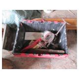 Contents of corner including buckets, a wood barrel, tar paper, motor and more