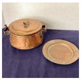 Antique Copper Cooking Pot With Lid + Vintage Tinned Copper Plate