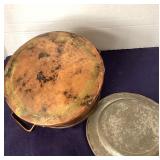 Antique Copper Cooking Pot With Lid + Vintage Tinned Copper Plate