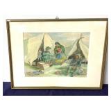 Vintage Watercolor on Velum: "Swedish Gypsy Camp"