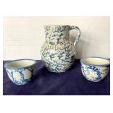 Antique Spongeware Pitcher and Custard Cups