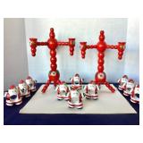 Painted Swedish Wooden Folk Art Candelabra + Ceramic Santa Napkin Rings