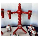Painted Swedish Wooden Folk Art Candelabra + Ceramic Santa Napkin Rings