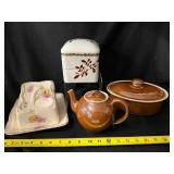 Ohio Pottery Teapot & Casserole - Brown Glaze, 337 Mark, Antique Cheese Dish and Asian Ceramic Box