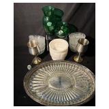 Vintage Glassware & Metalware Lot - 2 Gold-Plated Pewter Goblets, 8 Cut-Glass Bowls, 2 Emerald Green Vases