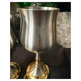 Vintage Glassware & Metalware Lot - 2 Gold-Plated Pewter Goblets, 8 Cut-Glass Bowls, 2 Emerald Green Vases