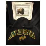 NDSU Black Hoodie - Size S & Framed Buffalo Print