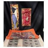 Textile Lot  - Handcrafted Cat Quilt Art, Vibrant Aquatic Life Quilt Runner,  Asian Textiles Silk Embroidery (Lot of 4)