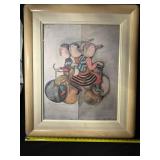 Graciela Rodo Boulanger 1976 Signed Framed Painting - Three Figures on Wheels