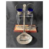 Silver Plate Soup Ladle with Two Cobalt Blue Salt Cellars & 3-Piece Cheese Utensil Set
