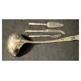 Silver Plate Soup Ladle with Two Cobalt Blue Salt Cellars & 3-Piece Cheese Utensil Set