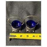 Silver Plate Soup Ladle with Two Cobalt Blue Salt Cellars & 3-Piece Cheese Utensil Set