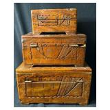 Carved Wood Jewelry Box Set, 3-Piece Nested Boxes with Brass Hardware