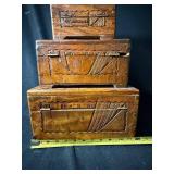 Carved Wood Jewelry Box Set, 3-Piece Nested Boxes with Brass Hardware