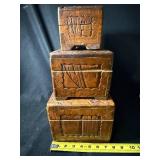 Carved Wood Jewelry Box Set, 3-Piece Nested Boxes with Brass Hardware