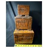 Carved Wood Jewelry Box Set, 3-Piece Nested Boxes with Brass Hardware