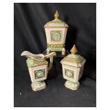 Fitz & Floyd Classics Gregorian Collection Porcelain 3-Piece Lidded Creamer & Sugar, Potpourri Jar, Ivory with Green & Gold