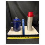 Blue Enamelware Teapot Kettle Set with Thermos and Enamelware Tray - Vintage Kitchen Collectible