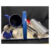 Blue Enamelware Teapot Kettle Set with Thermos and Enamelware Tray - Vintage Kitchen Collectible