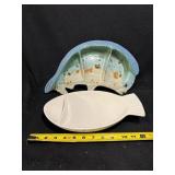 Tom Chamberlain Pottery Divided Mahi Mahi Serving Dish & Hall China Fish-Shaped Ceramic Serving Dishes - White & Aqua Glaze, 2-Piece Set