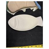 Tom Chamberlain Pottery Divided Mahi Mahi Serving Dish & Hall China Fish-Shaped Ceramic Serving Dishes - White & Aqua Glaze, 2-Piece Set