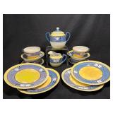 Blue & Yellow Cherry Blossom Porcelain Tea Set with Teapot, Creamer, Sugar & Plates