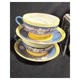 Blue & Yellow Cherry Blossom Porcelain Tea Set with Teapot, Creamer, Sugar & Plates