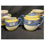 Blue & Yellow Cherry Blossom Porcelain Tea Set with Teapot, Creamer, Sugar & Plates