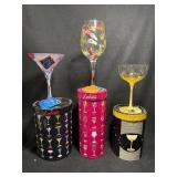 Lolita Cocktail Glasses - Lot of 3 Colorful Bead-Decorated Stemware on Tin Display