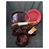 Burgundy Glass Serving Set - 4 Bowls, 2 Plates, Rectangular Platter & Wood Utensils