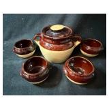 Hallmarks USA Stoneware Bean Pot Covered Serving Dish with 4 Bowls - Two-Tone Brown/Cream