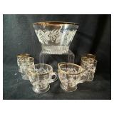 Bartlett Collins Grapevine Etched Crystal Centerpiece Bowl with Gold Rim, Creamer & Sugar with Matching Glasses