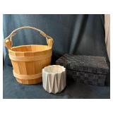 Wooden Bucket with Rope Handles - Gray Ribbed Planter - Black Woven Storage Box - 3-Piece Decor Set