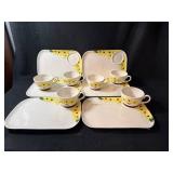 Sunflower Pattern Teacups & Trays Set - 4 Trays & 4 Cups & Saucers